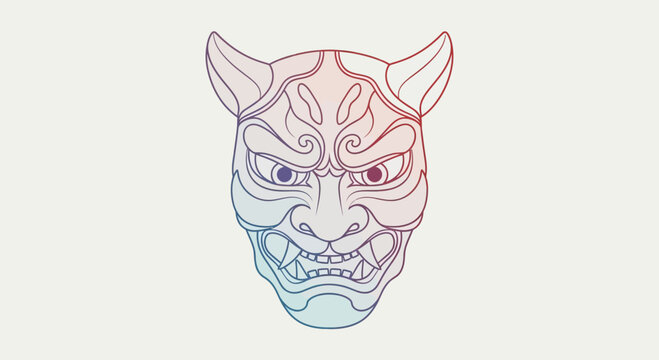 Japanese Oni Mask Drawing, Traditional Folklore Demon Face, Gradient Outline