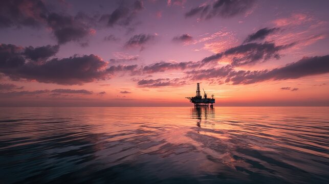 Wide seascape with a lone oil rig silhouette under a warm sunset
