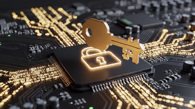 A visual of a digital data stream or a glowing padlock over a computer circuit.