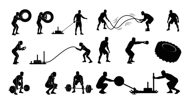 Set of male and female athlete silhouettes performing crossfit gym exercises