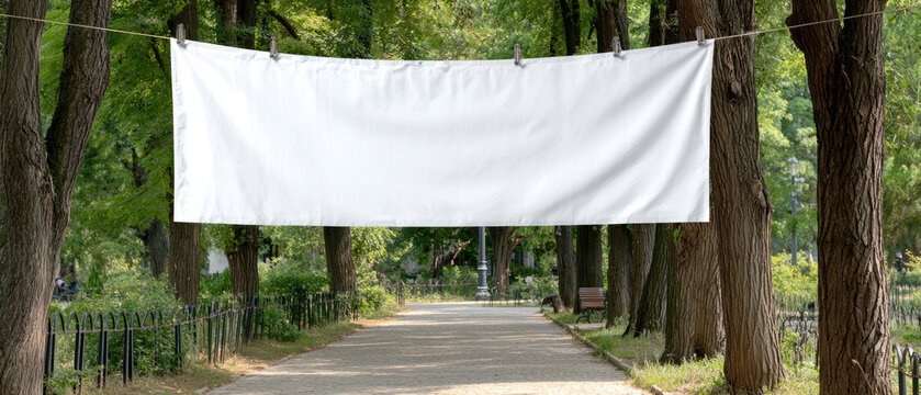 Blank white banner outdoor park walkway wire fence empty advertising sign horizontal cloth display urban nature background tree lined path scenery