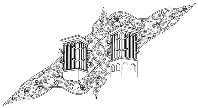 Intricate Persian architectural illustration with floral motifs and windcatchers.