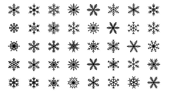 Snowflakes line vector set with intricate burst effects and detailed patterns featuring winter, cold, ice with frost and snow elements for holiday,