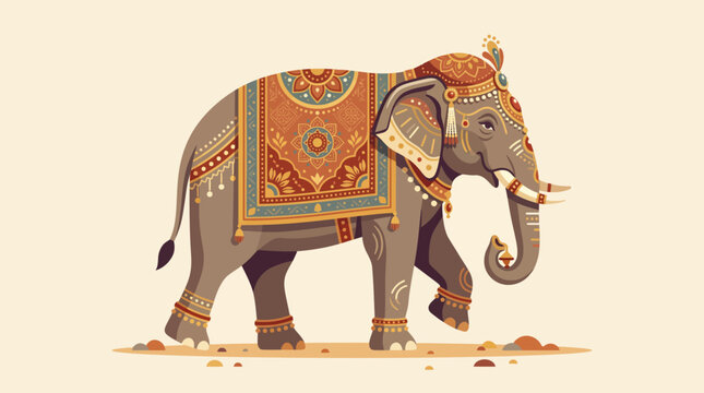 Indian Ceremonial Elephant Walking with Traditional Decorative Ornaments and Floral Patterns Vector Illustration