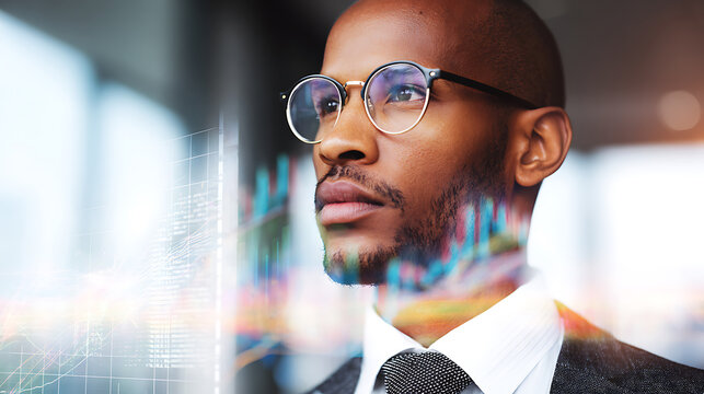 Businessman in suit with financial data overlay symbolizing luxury, elegance, and premium quality