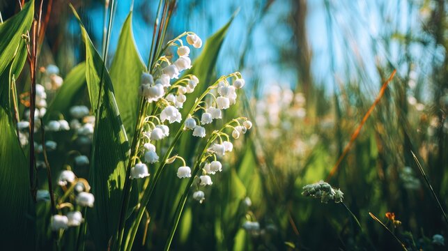 Sunlit meadow with delicate lily of the valley blossoms tucked in fresh green grass