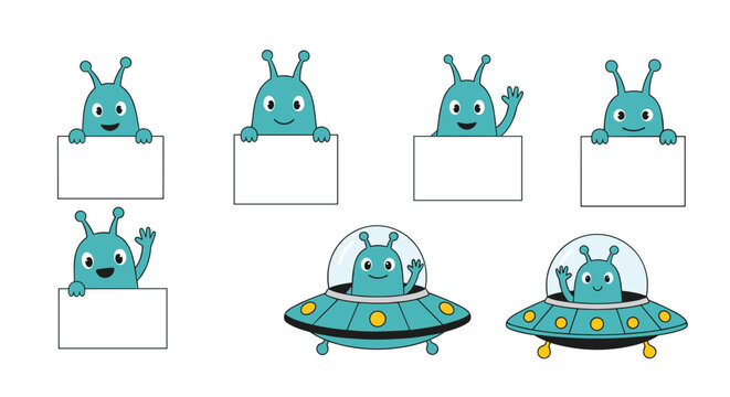 Set of cute blue alien characters in different poses including waving and flying in spaceships on white backdrop.