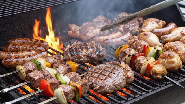 A close-up shot of various grilled meats, including sausages, steaks, chicken and vegetable skewers, cooking on a barbecue grill, ready to eat