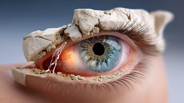 Eye appears with a cracked and crumbling eyelid surface in this surreal conceptual medical illustration.