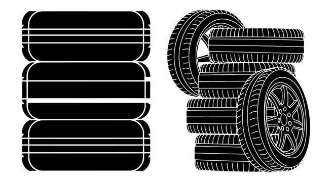 Stack of black car tires and wheels in silhouette and detailed line art style