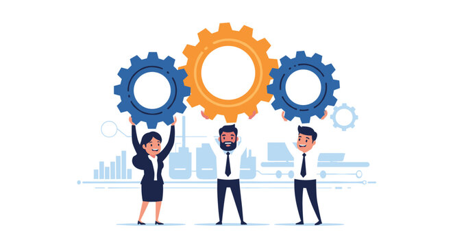 Team of business professionals working together to hold up three large interlocking gears representing synergy.