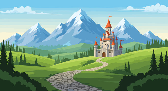 Fairytale landscape featuring a majestic stone castle on a hill with a winding path and snowy mountains art.