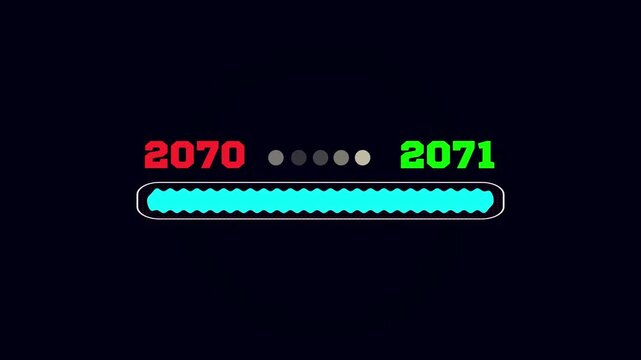 Futuristic update animation showcasing a horizontal cyan loading bar transitioning from year 2070 to 2071