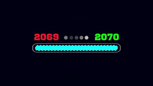 Dynamic decade transition graphic illustrating a cyan blue loading bar moving from the year 2069 to the milestone 2070
