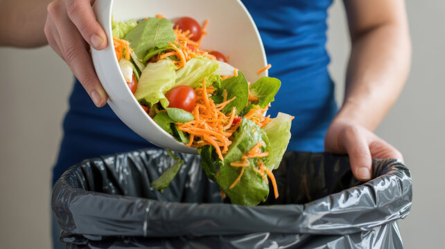 person throwing away salad into trash can