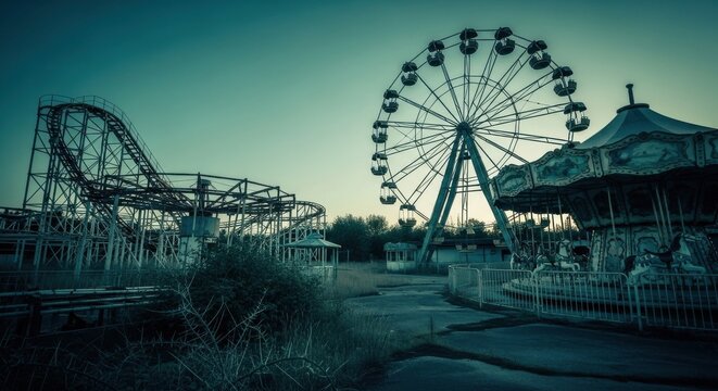 Abandoned Amusement Park at Dusk: Ferris Wheel, Roller Coaster, Carousel
