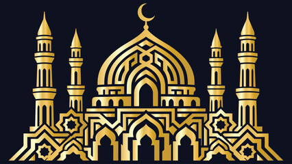 Classic full-body golden mosque with multiple minarets and domes in elegant Art Deco geometric style on navy background. Timeless Islamic luxury illustration suitable for large prints and branding. © tresya