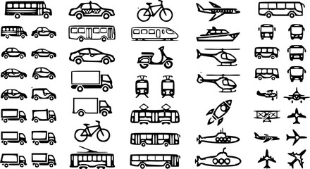 Hand drawn transportation and vehicle icons mega collection with bus car airplane bicycle train helicopter and rocket three style vector illustration © Shakhawat