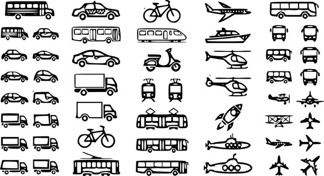 Hand drawn transportation and vehicle icons mega collection with bus car airplane bicycle train helicopter and rocket three style vector illustration
