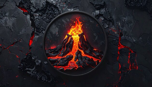 fiery demon silhouette emerging from volcanic lava ring in dark fantasy concept