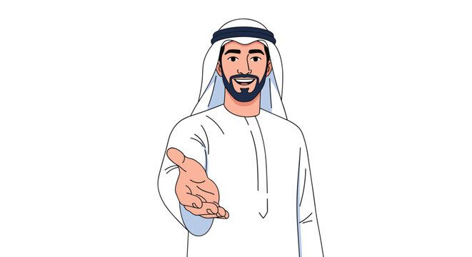 Friendly man wearing traditional Arabic clothing and a white ghutra extends his hand for a warm and welcoming handshake gesture.