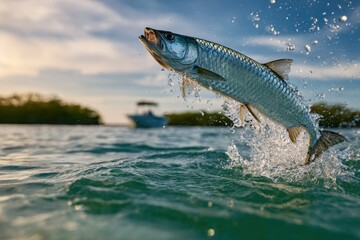 Obraz premium Silver Atlantic tarpon surfacing in turquoise Floridian waters