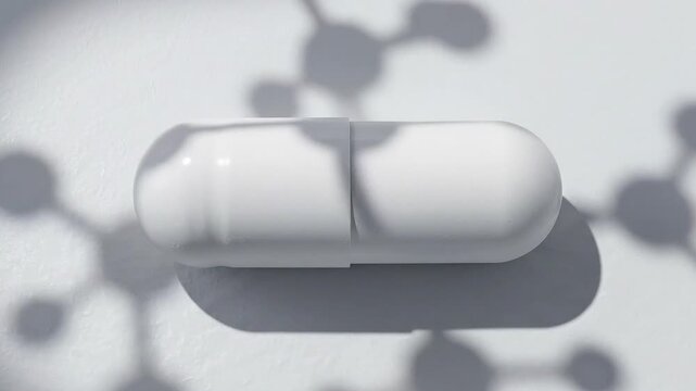 Pharmaceutical biotechnology personalized medicine white capsule pill drug health medical treatment supplement therapy cure molecular shadow innovation advanced healthcare science development