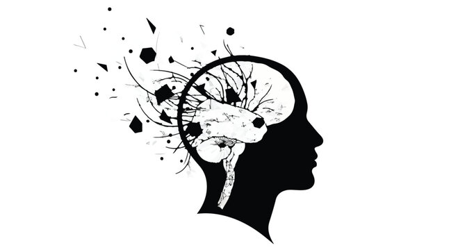 Silhouette of a human head with a fragmented, exploding brain, symbolizing mental breakdown or loss of ideas.
