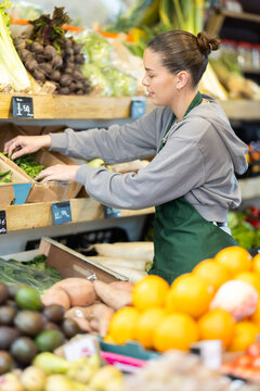 Young saleswoman checks the quality of vegetables on the counter in a supermarket. Farm shop worker laying vegetables on a shelf