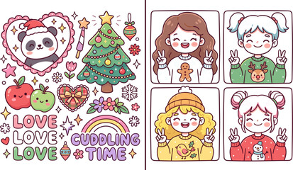 Fototapeta premium Colorful kawaii Christmas cuddling time doodle composition with cute bear love text and diverse chibi girl character portraits vector illustration