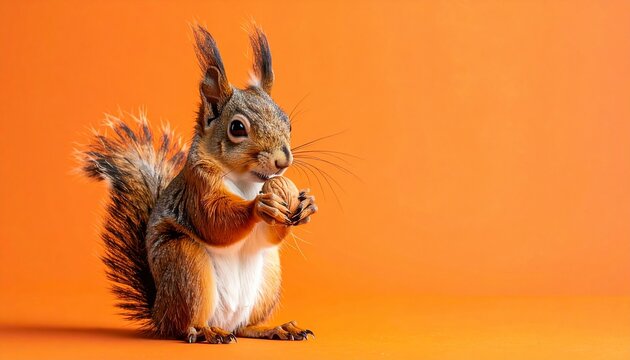 red squirrel holding nut on vibrant orange background wildlife food concept