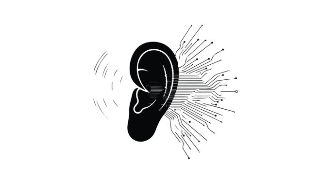 Abstract illustration of an ear receiving digital sound waves, representing hearing technology and data.