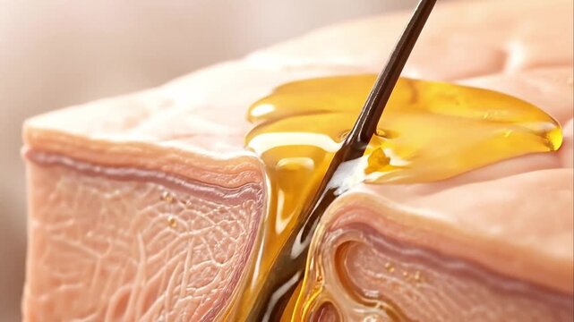 Sebaceous gland oil production detailed skin cross section yellow oil secretion close up medical illustration natural skin function healthy gland activity hair follicle oil droplets skin hair
