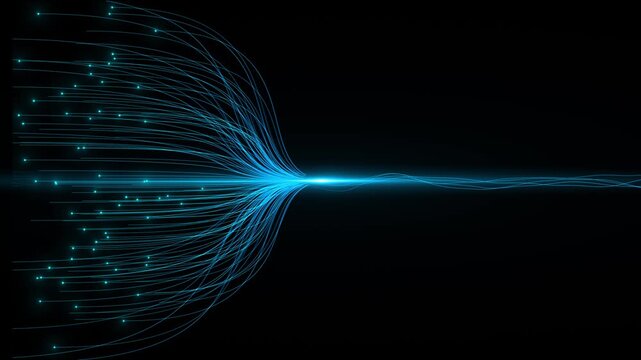 Cyan fiber optic light lines converge bright center on black background with glowing dots and smooth data curves. for network videos, telecom intros, speed visuals, internet promos, and tech overlays.