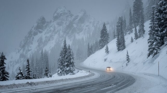 Stormy alpine highway: heavy snowfall, moody light, and icy curves