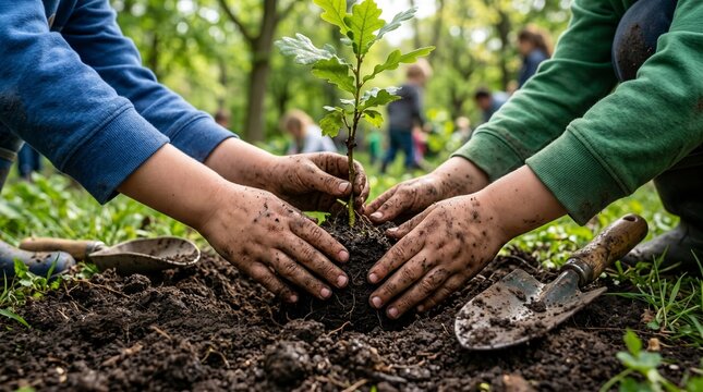 Two children's hands covered in soil carefully planting a young tree sapling in a lush green outdoor environment, with a small gardening trowel nearby.