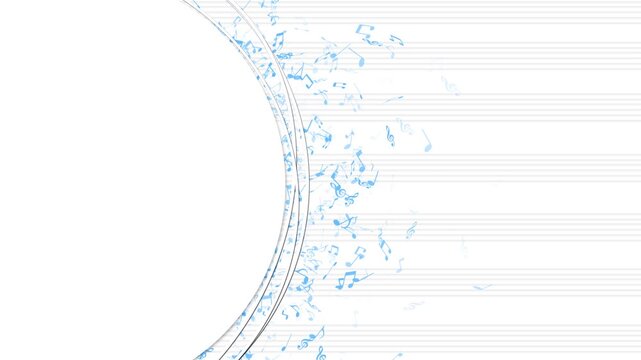 White music notes background blue floating symbols, curved circular frame, and clean staff lines. music videos, school lessons, audio promos, concert titles, karaoke visuals, and creative overlays.