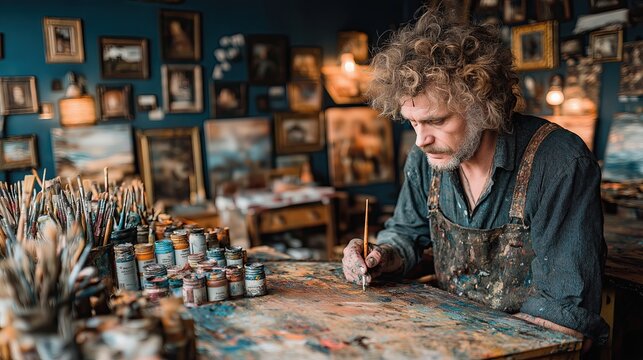 Artist works on canvas inside studio with many paintings