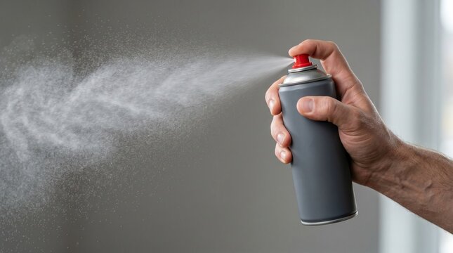 A close-up shot of a person's hand holding a gray aerosol spray can, releasing a fine mist into the air against a plain background.