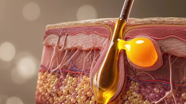 Sebaceous gland oil production skin anatomy showing detailed structure of hair follicle and gland responsible for natural oil secretion maintaining skin health and moisture balance with tissue layers