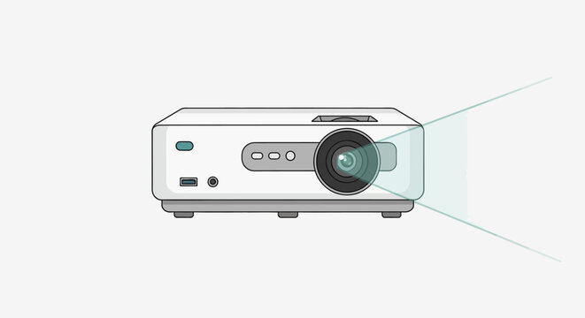 White projector with lens and buttons.