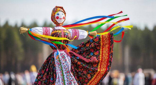 Traditional Russian effigy with colorful ribbons at spring festival  