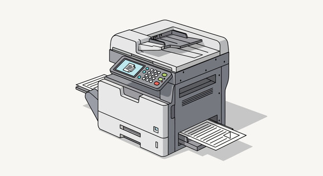Office printer with open trays.