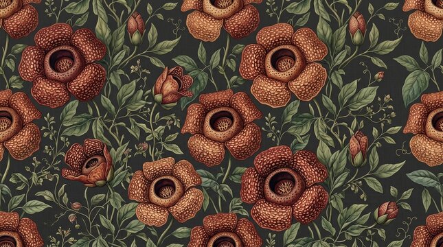A detailed, vintage-style illustration of Rafflesia flowers with intricate green foliage on a dark background.