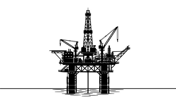 Offshore oil platform silhouette vector illustration of petroleum industry energy extraction and marine drilling rig structure