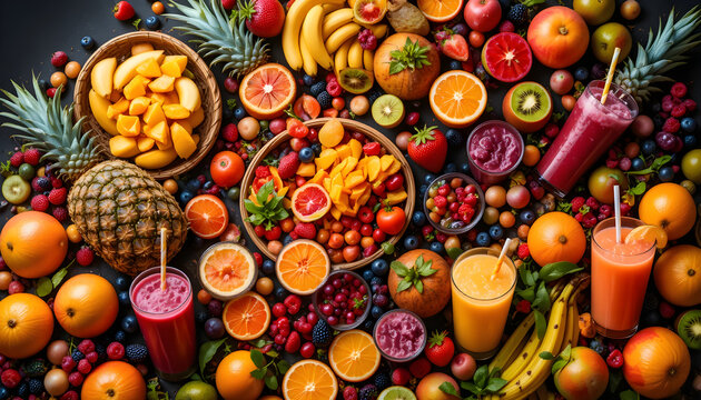 Vibrant adobe stock image of various fruits and smoothies arranged on tables