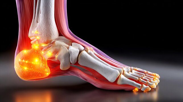 Ankle bone anatomy displays inflammation highlighting the heel area with a glowing digital effect.