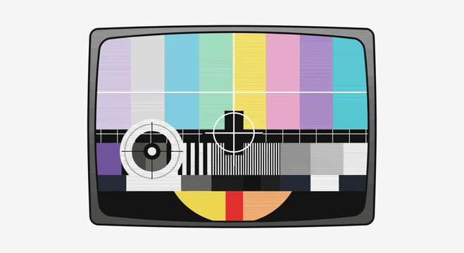 Retro television test pattern screen, vintage broadcast signal, analog screen display, colorful stripes