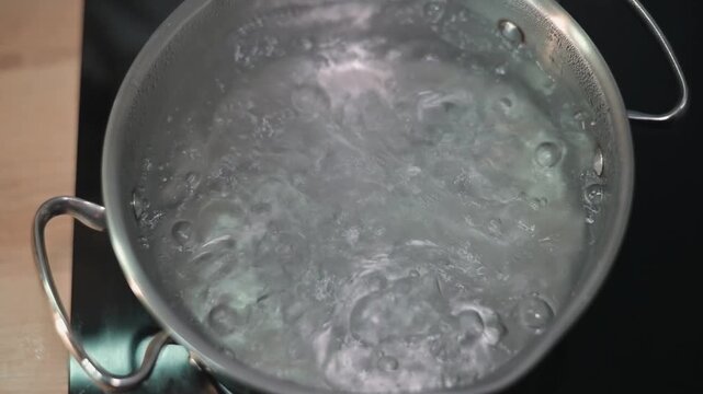 Water is heated in a stainless steel pot on a kitchen stove. Bubbles form and rise in the water as it reaches boiling point, demonstrating the cooking process