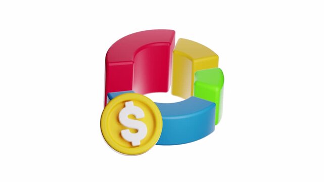 3d ux icon motion pie chart and dollar coin. Suitable for finance, investment, business presentations, reports, infographics, data analysis visualizations. A dynamic visual aid.